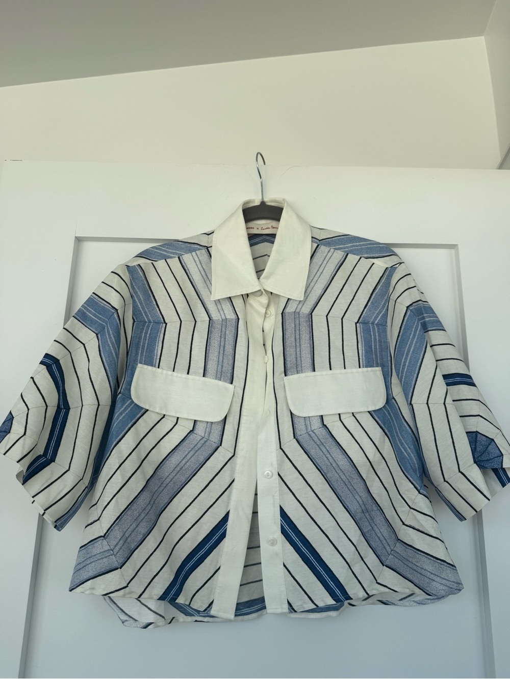 Sandro Blue and White Geometric Top